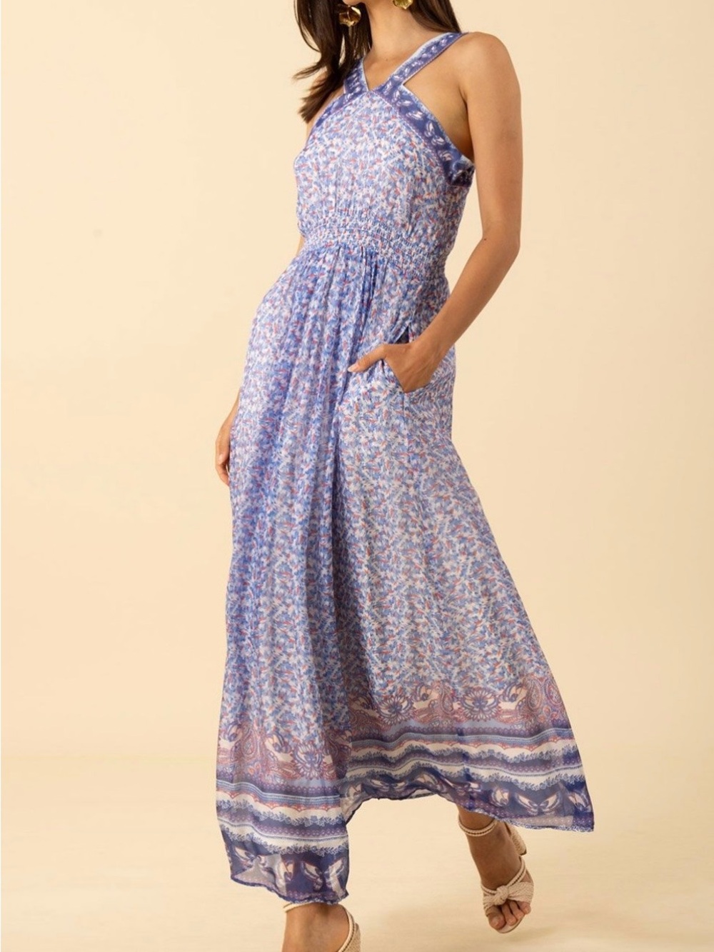 Hale Bob Blue Floral Halter Maxi Dress